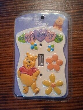 Disney Winnie the Pooh Hand-Painted Wallplate – Yellow, Pink & Blue Accents